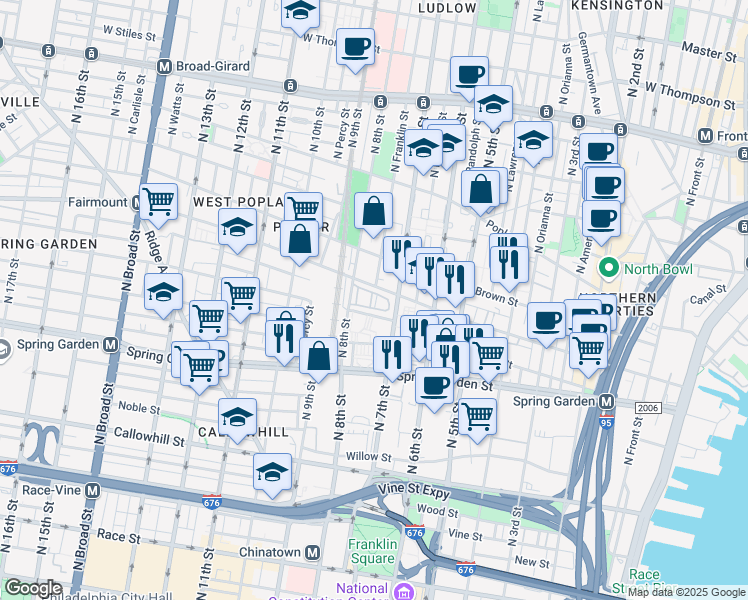 map of restaurants, bars, coffee shops, grocery stores, and more near 705-9 North Franklin Street in Philadelphia