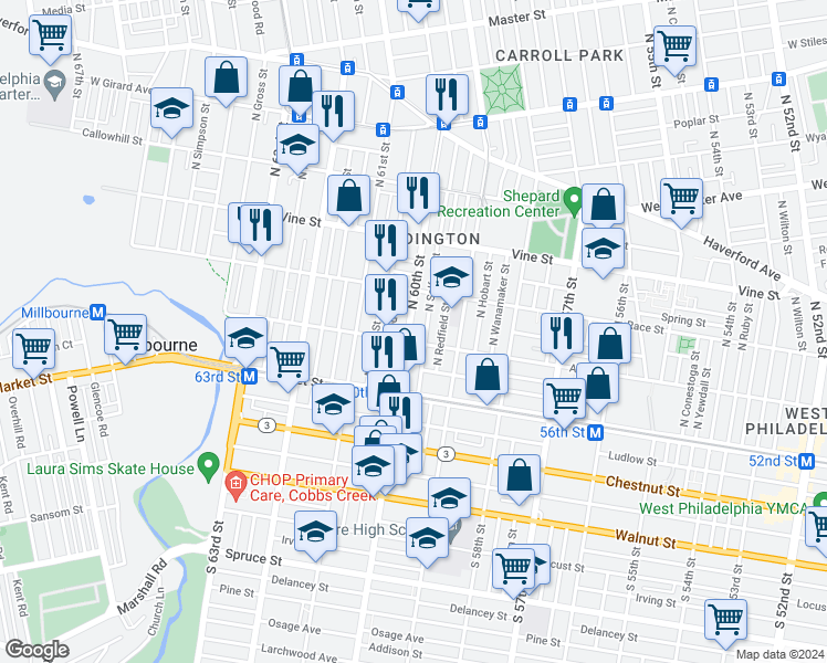 map of restaurants, bars, coffee shops, grocery stores, and more near 111 North 60th Street in Philadelphia