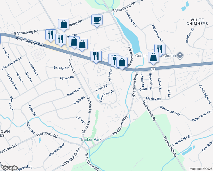 map of restaurants, bars, coffee shops, grocery stores, and more near 2814 Eagle Road in West Chester