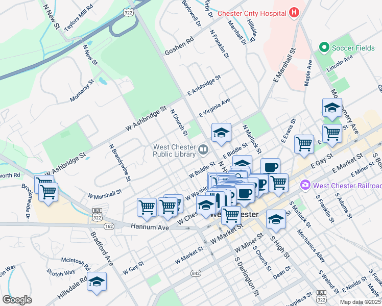 map of restaurants, bars, coffee shops, grocery stores, and more near 526 North Church Street in West Chester