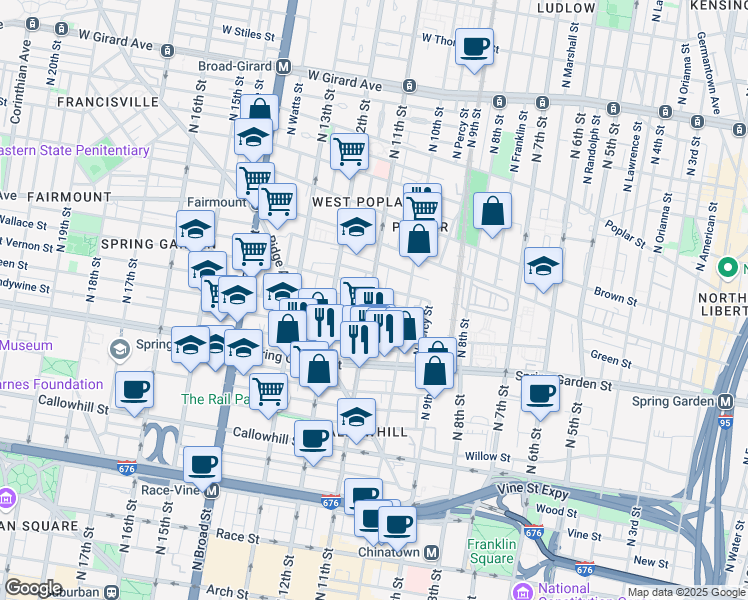 map of restaurants, bars, coffee shops, grocery stores, and more near 627 North 11th Street in Philadelphia