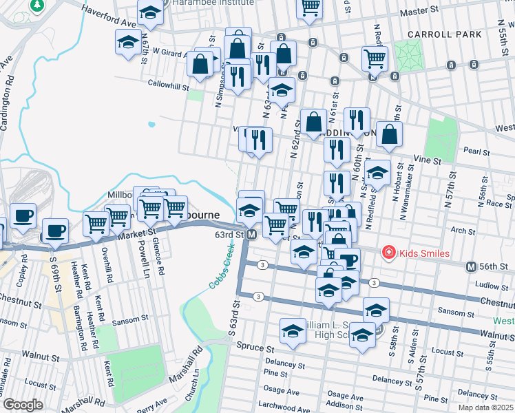 map of restaurants, bars, coffee shops, grocery stores, and more near 53 North 63rd Street in Philadelphia
