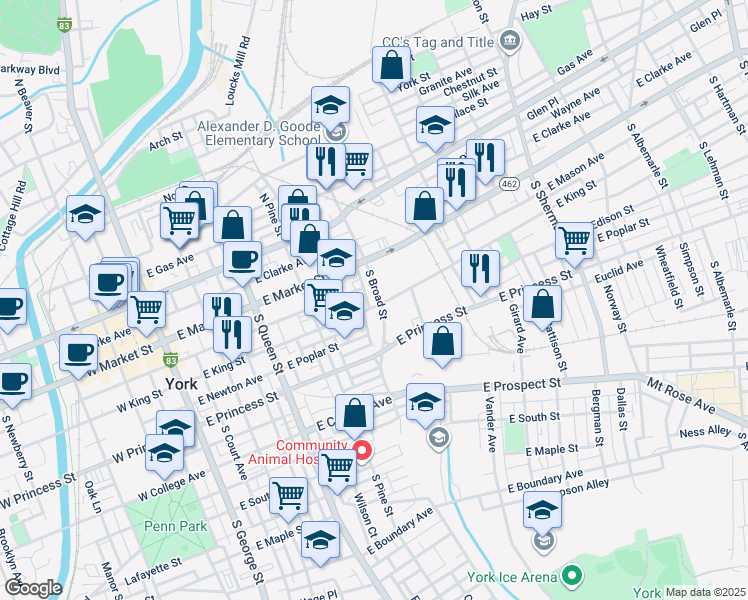 map of restaurants, bars, coffee shops, grocery stores, and more near 407 East King Street in York