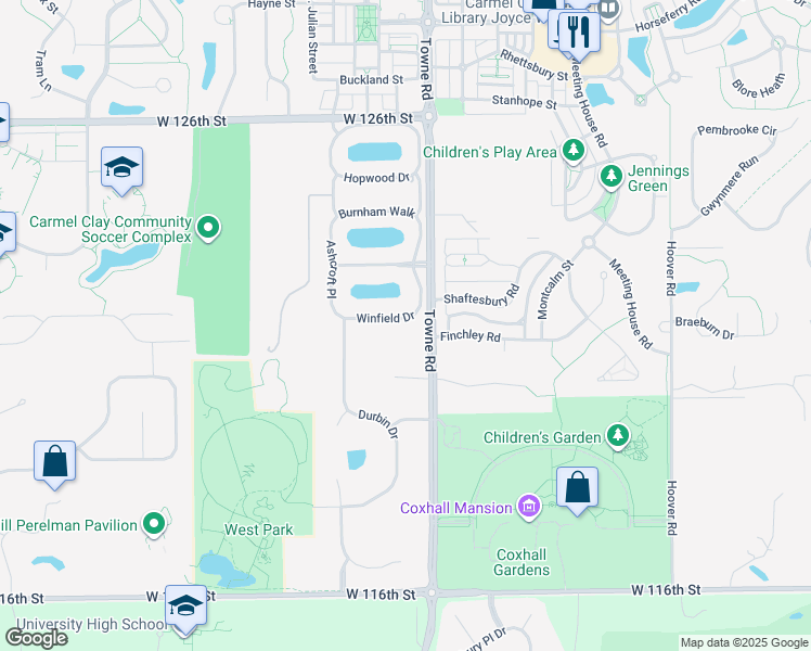 map of restaurants, bars, coffee shops, grocery stores, and more near 2420 Winfield Drive in Carmel