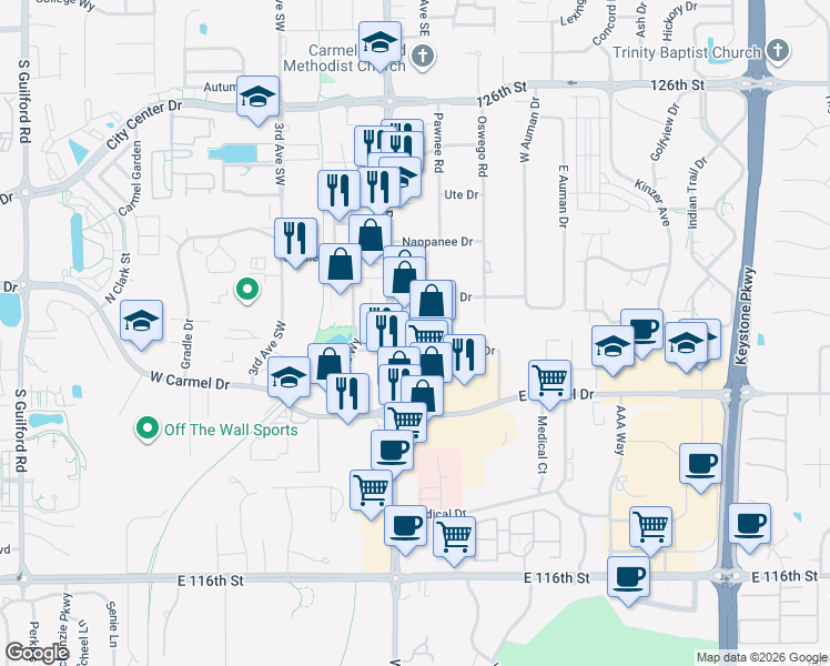 map of restaurants, bars, coffee shops, grocery stores, and more near 31 Shoshone Drive in Carmel