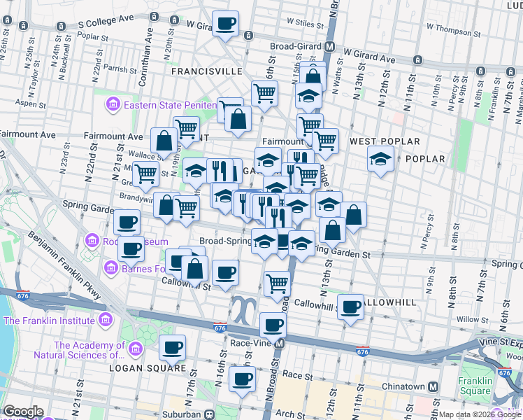 map of restaurants, bars, coffee shops, grocery stores, and more near 1520 Mount Vernon Street in Philadelphia