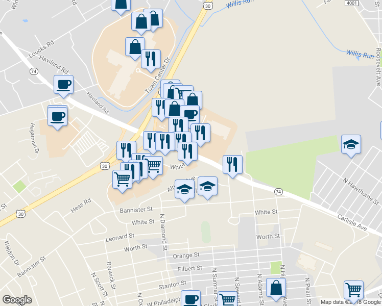 map of restaurants, bars, coffee shops, grocery stores, and more near 1099 Carlisle Road in York