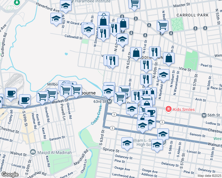 map of restaurants, bars, coffee shops, grocery stores, and more near 53 North 63rd Street in Philadelphia