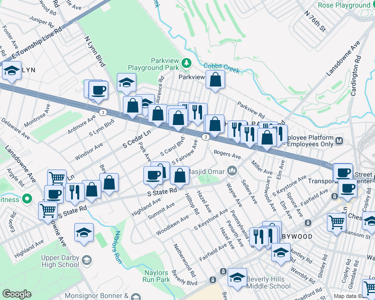 map of restaurants, bars, coffee shops, grocery stores, and more near 24 South Fairview Avenue in Upper Darby