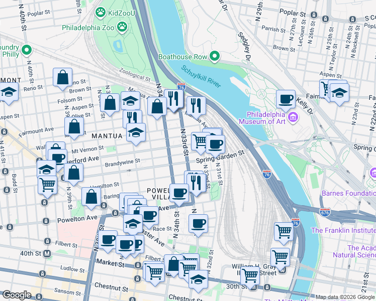 map of restaurants, bars, coffee shops, grocery stores, and more near 525 North 33rd Street in Philadelphia