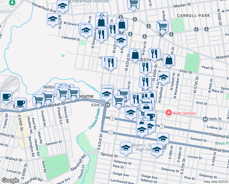 map of restaurants, bars, coffee shops, grocery stores, and more near 57 North Felton Street in Philadelphia