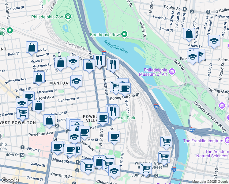 map of restaurants, bars, coffee shops, grocery stores, and more near 521 North Natrona Street in Philadelphia