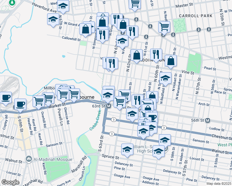 map of restaurants, bars, coffee shops, grocery stores, and more near 57 North Felton Street in Philadelphia