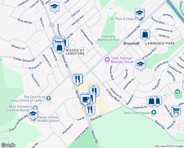 map of restaurants, bars, coffee shops, grocery stores, and more near South Park Way in Broomall