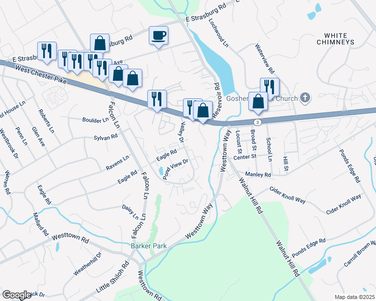 map of restaurants, bars, coffee shops, grocery stores, and more near 513 Valley Drive in West Chester