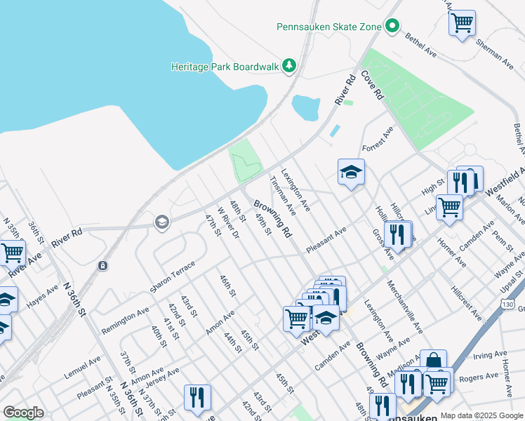map of restaurants, bars, coffee shops, grocery stores, and more near 1400 Browning Road in Pennsauken Township