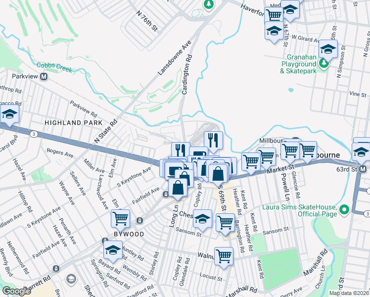 map of restaurants, bars, coffee shops, grocery stores, and more near 110 Victory Avenue in Delaware County