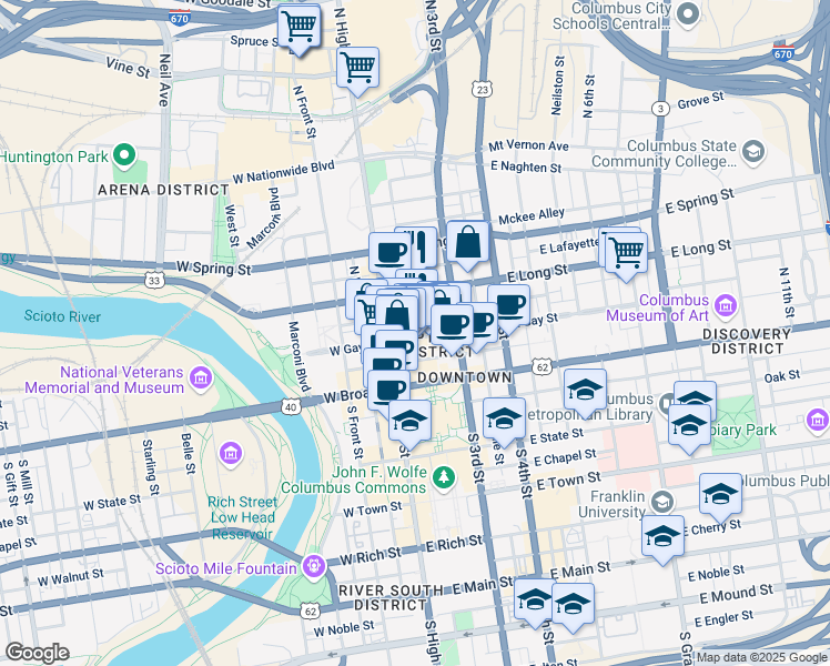 map of restaurants, bars, coffee shops, grocery stores, and more near 36 East Gay Street in Columbus
