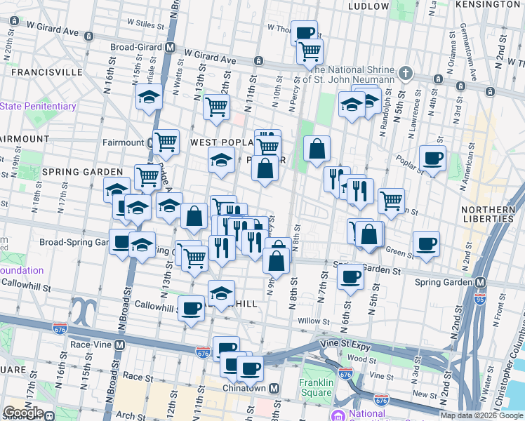 map of restaurants, bars, coffee shops, grocery stores, and more near 910-20 Fairmount Avenue in Philadelphia
