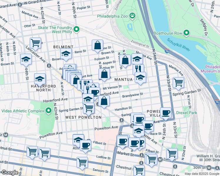 map of restaurants, bars, coffee shops, grocery stores, and more near 3850 Mount Vernon Street in Philadelphia