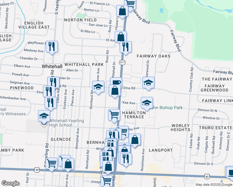 map of restaurants, bars, coffee shops, grocery stores, and more near 561 South Hamilton Road in Columbus
