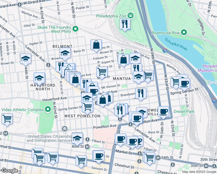 map of restaurants, bars, coffee shops, grocery stores, and more near 3850 Mount Vernon Street in Philadelphia