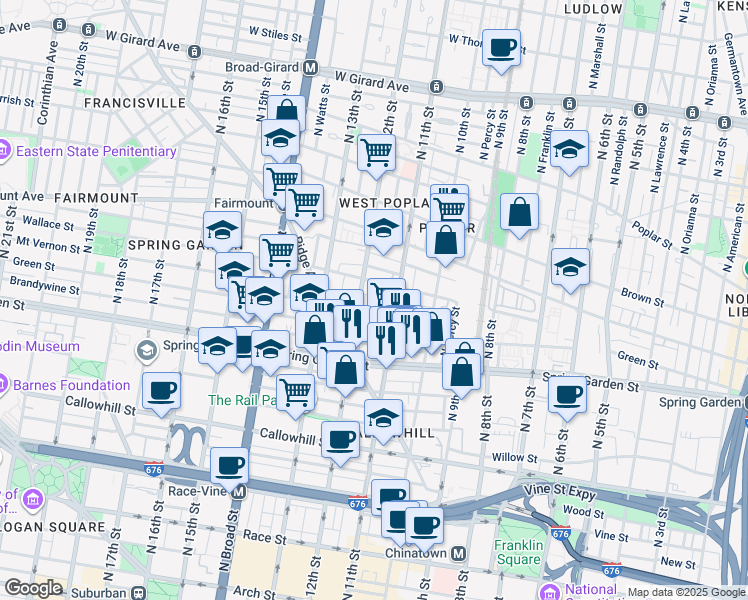 map of restaurants, bars, coffee shops, grocery stores, and more near 1122 Lemon Street in Philadelphia