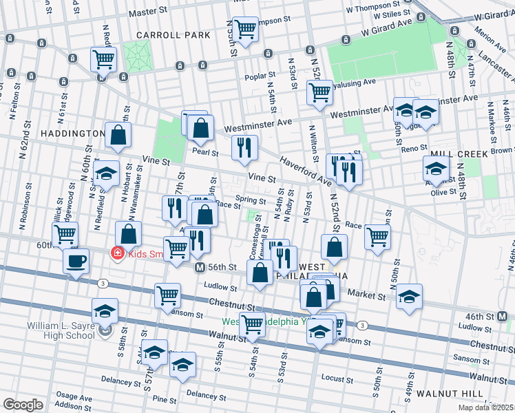 map of restaurants, bars, coffee shops, grocery stores, and more near 5443 Race Street in Philadelphia