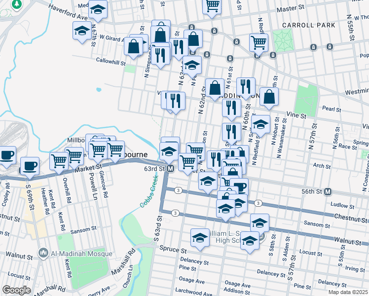 map of restaurants, bars, coffee shops, grocery stores, and more near 60 North Hirst Street in Philadelphia
