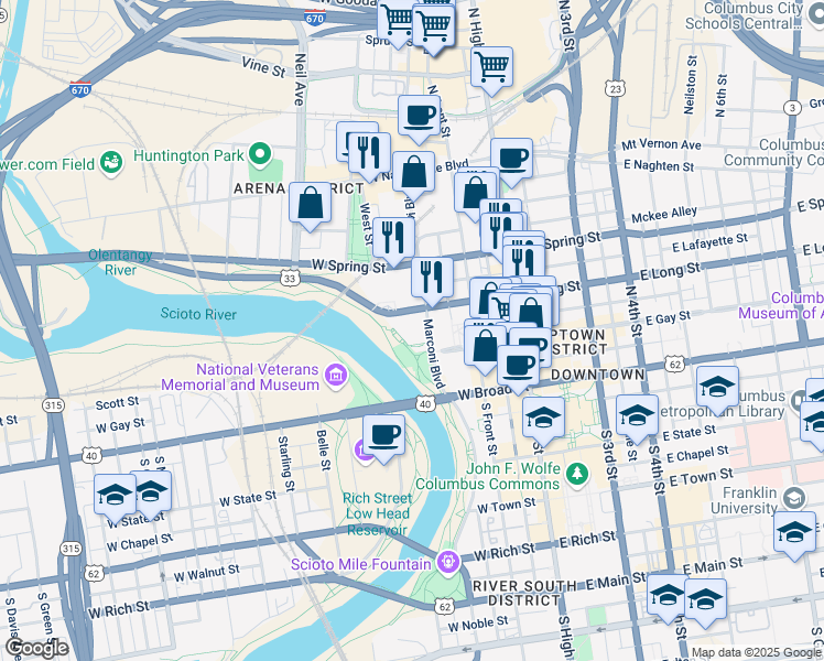 map of restaurants, bars, coffee shops, grocery stores, and more near 85 Marconi Boulevard in Columbus
