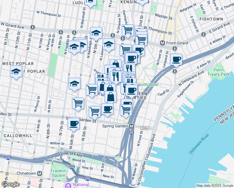 map of restaurants, bars, coffee shops, grocery stores, and more near 843 North 3rd Street in Philadelphia