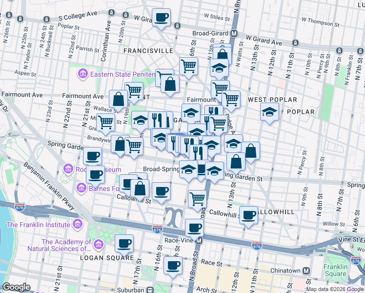 map of restaurants, bars, coffee shops, grocery stores, and more near 1520 Mount Vernon Street in Philadelphia