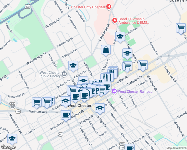 map of restaurants, bars, coffee shops, grocery stores, and more near 322 North Matlack Street in West Chester