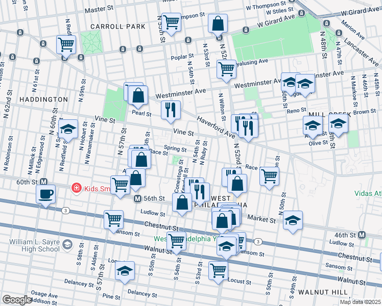 map of restaurants, bars, coffee shops, grocery stores, and more near 224 North 54th Street in Philadelphia