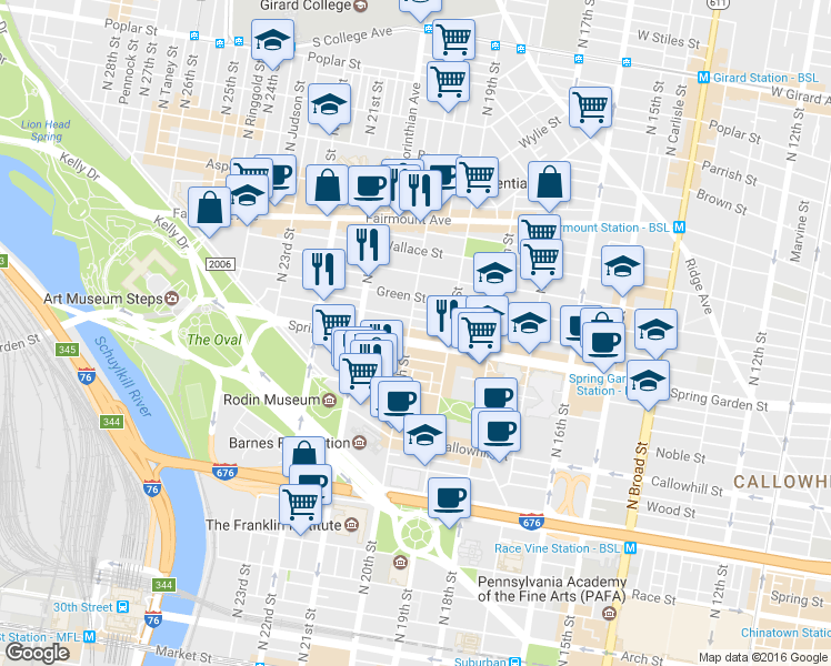 map of restaurants, bars, coffee shops, grocery stores, and more near 1937 Spring Garden Street in Philadelphia