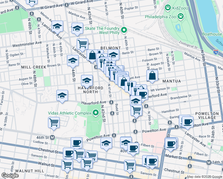 map of restaurants, bars, coffee shops, grocery stores, and more near 675 North 41st Street in Philadelphia