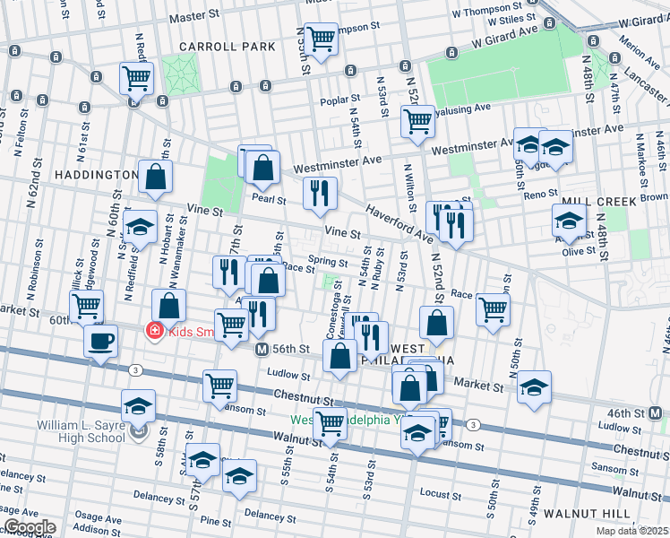 map of restaurants, bars, coffee shops, grocery stores, and more near 5447 Race Street in Philadelphia