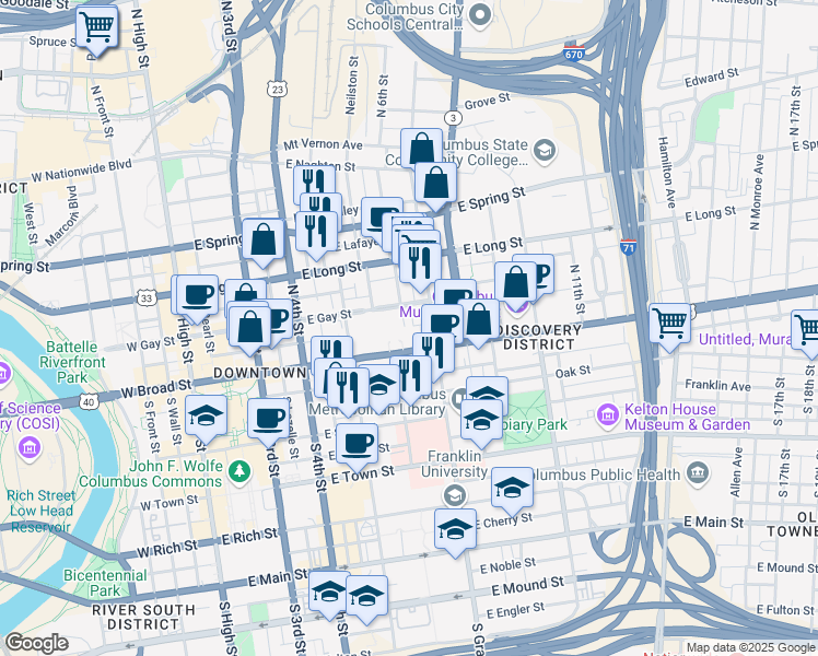 map of restaurants, bars, coffee shops, grocery stores, and more near 300 East Broad Street in Columbus