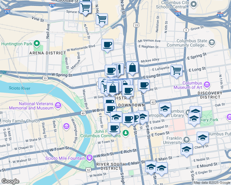 map of restaurants, bars, coffee shops, grocery stores, and more near 52 East Elm Street in Columbus