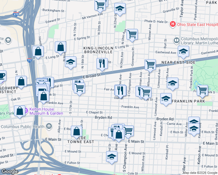map of restaurants, bars, coffee shops, grocery stores, and more near 1044 Madison Avenue in Columbus