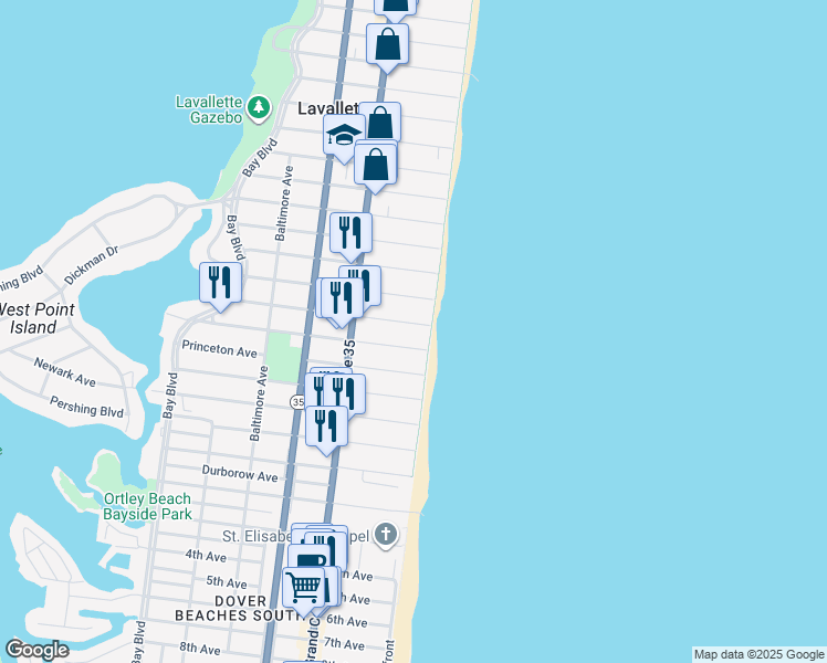 map of restaurants, bars, coffee shops, grocery stores, and more near 1802 Oceanfront in Lavallette