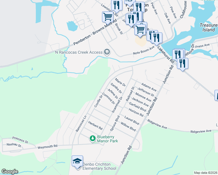 map of restaurants, bars, coffee shops, grocery stores, and more near 614 Arlene Drive in Pemberton Township