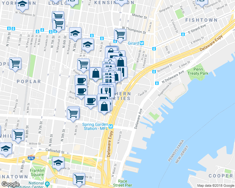 map of restaurants, bars, coffee shops, grocery stores, and more near 929 North Hancock Street in Philadelphia