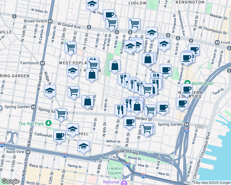map of restaurants, bars, coffee shops, grocery stores, and more near 705-09 Franklin Place in Philadelphia