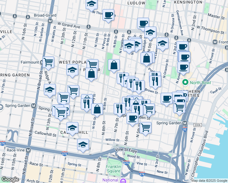 map of restaurants, bars, coffee shops, grocery stores, and more near 705-09 Franklin Place in Philadelphia