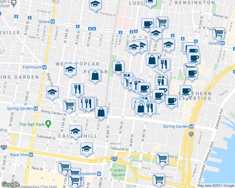 map of restaurants, bars, coffee shops, grocery stores, and more near 705-9 North Franklin Street in Philadelphia