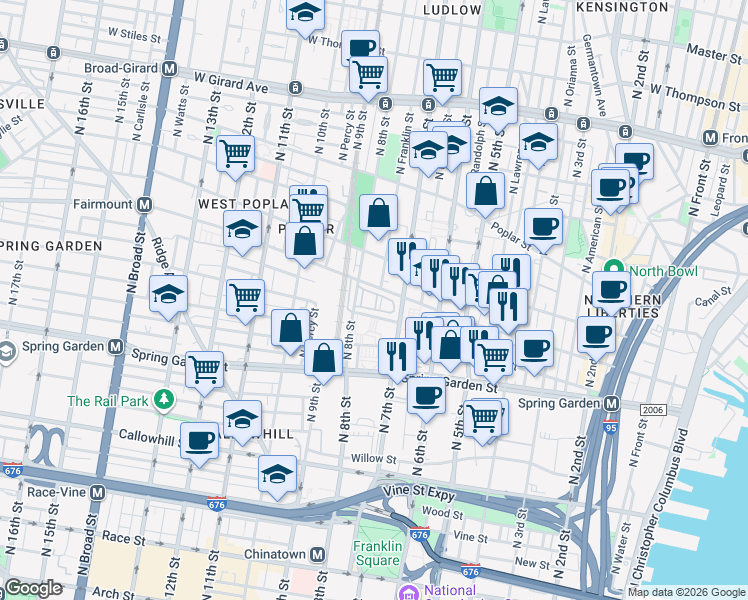 map of restaurants, bars, coffee shops, grocery stores, and more near 705-09 Franklin Place in Philadelphia