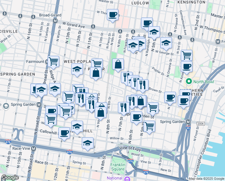 map of restaurants, bars, coffee shops, grocery stores, and more near 666 North 8th Street in Philadelphia
