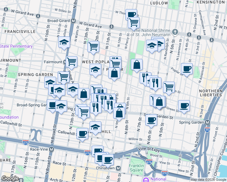 map of restaurants, bars, coffee shops, grocery stores, and more near 910-20 Fairmount Avenue in Philadelphia