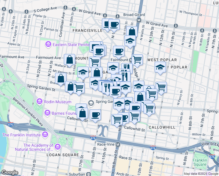 map of restaurants, bars, coffee shops, grocery stores, and more near 1520 Mount Vernon Street in Philadelphia